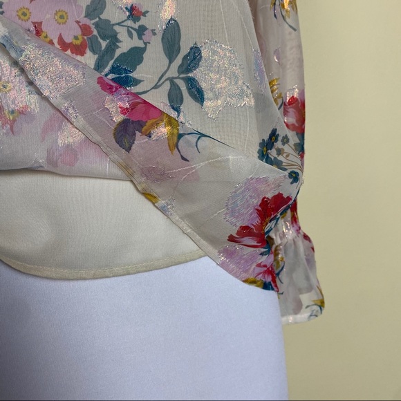 LOFT Floral Metallic Poet Ruffle Sleeve Blouse XSP - Picture 12 of 13